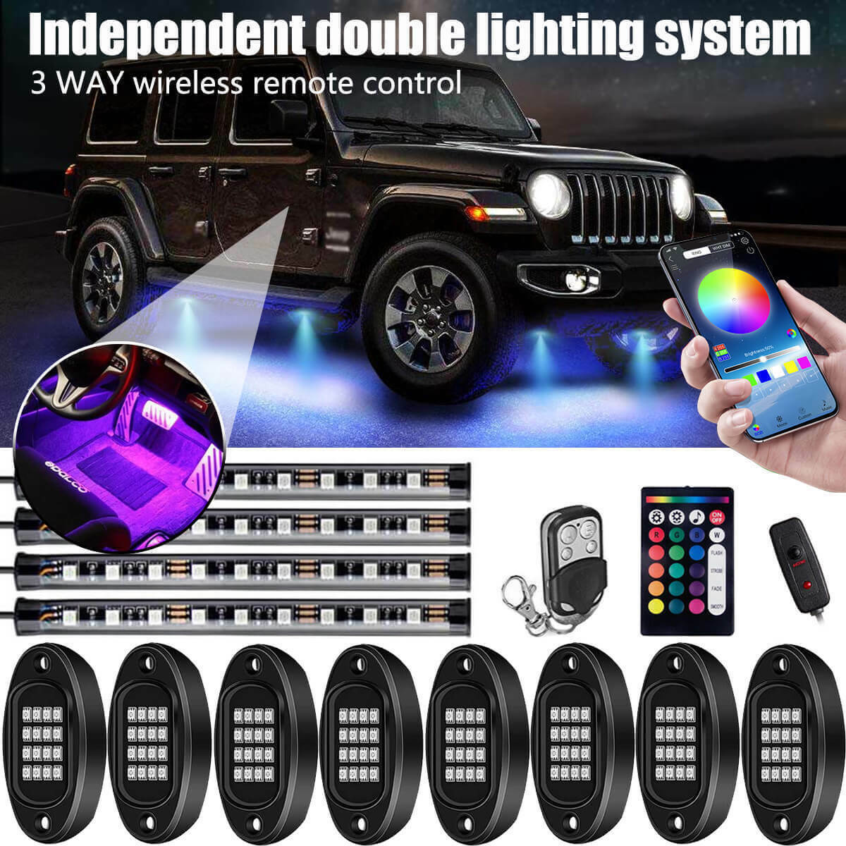 Transfronterizo 2 - en - 1 12PCS conjunto de una lámpara de chasis de color RGB conjunto de luz de atmósfera RGB barra de luz