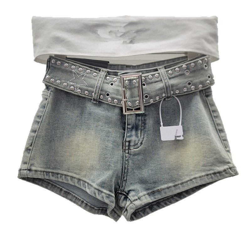 Shorts de Mezclilla de Tiro Alto con Remaches de Mezclilla y Poliéster para Verano