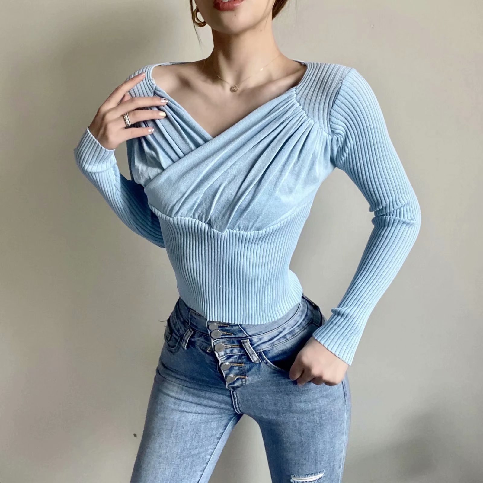 V-neck pleated slim bottoming sweater long-sleeved top knit sweater NSAM52295