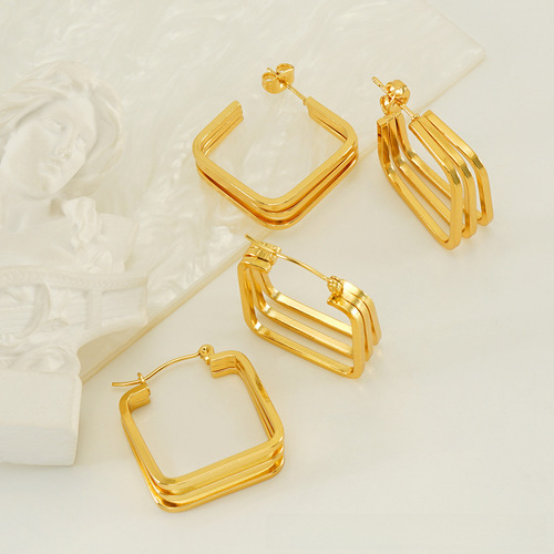 Euro-American Fashion Titanium Steel Retro Multi-layer Hollow Earrings with INS High-end Sense Exaggerated Personality Geometric Earrings for Women, Wholesale