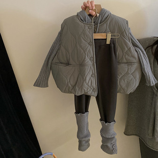 Girls Korean version of hooded knitted sweater warm cotton vest 2024 autumn and winter new fleece-lined leggings suit tide