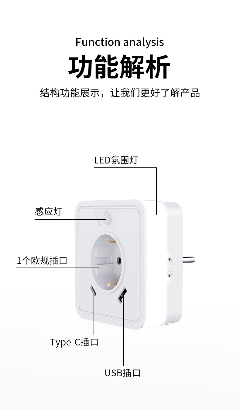 Ningbo Soma Elektrik Avrupa standart priz LED sensörlü ışık, yüksek estetik yatak odası atmosferi, USB kompakt çok fonksiyonlu kablosuz
