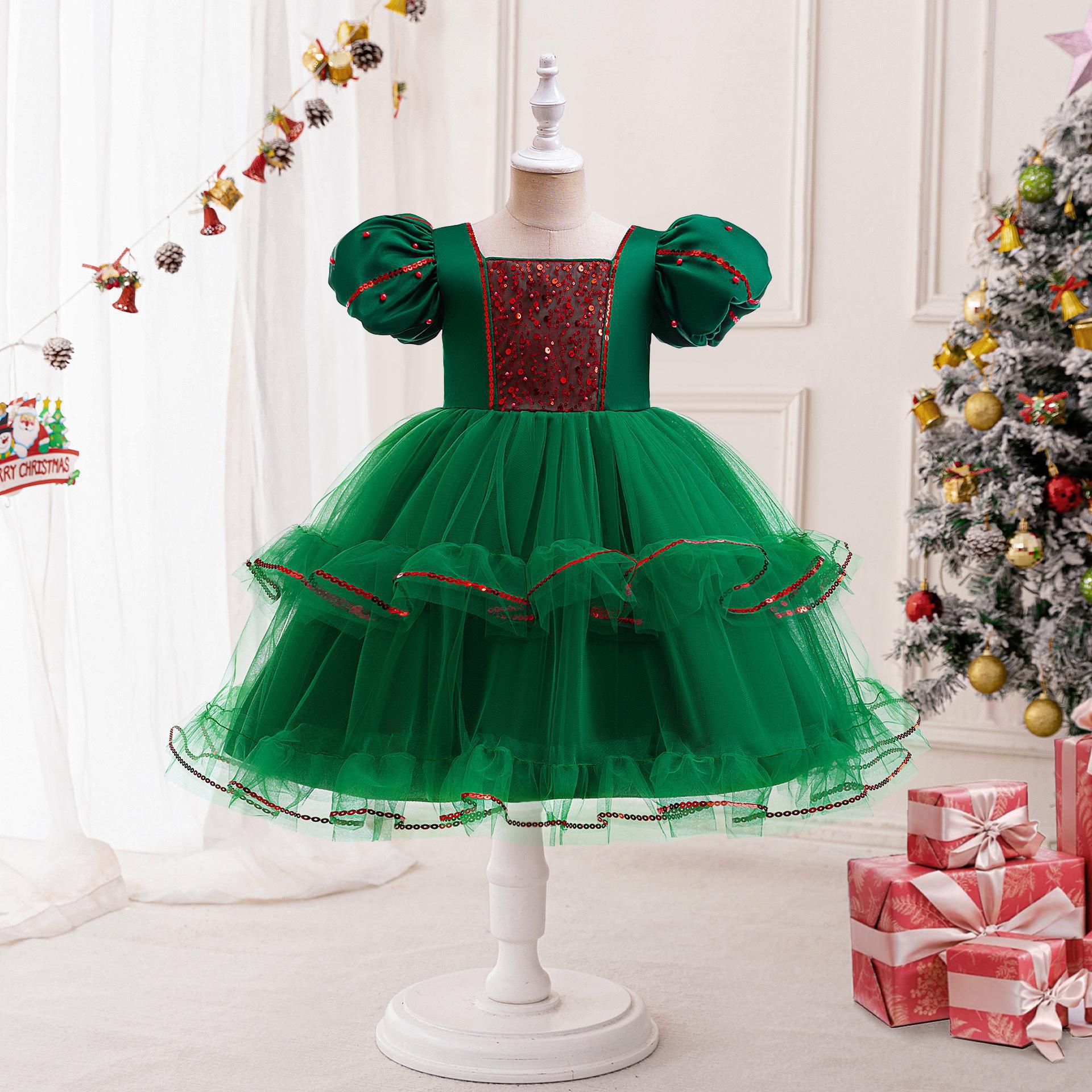 Navidad transfronteriza vestido de niña malla clavado vestido de linterna mangas vestido de princesa vestido de Navidad