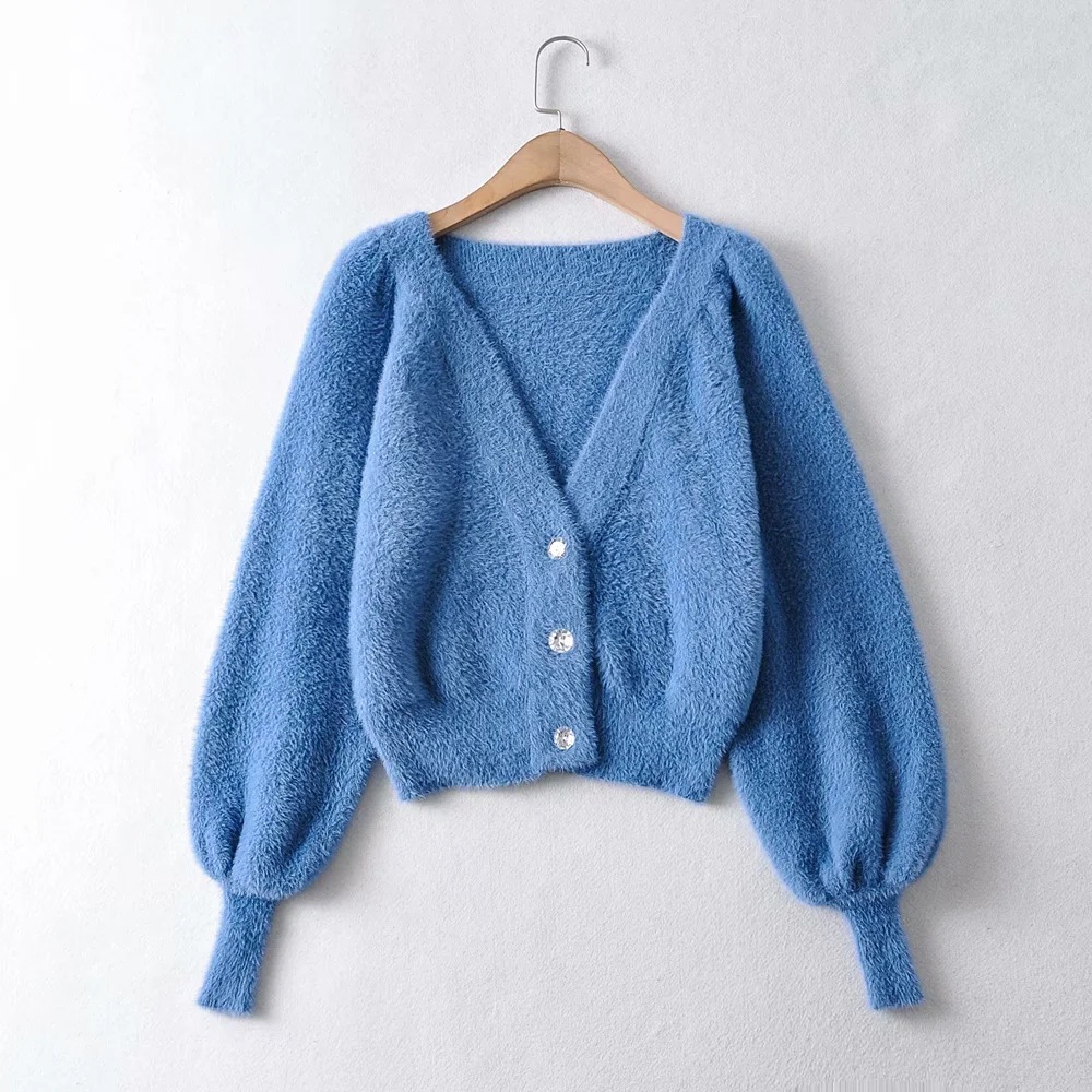 solid color puff sleeve mohair knitted jacket NSAC38424