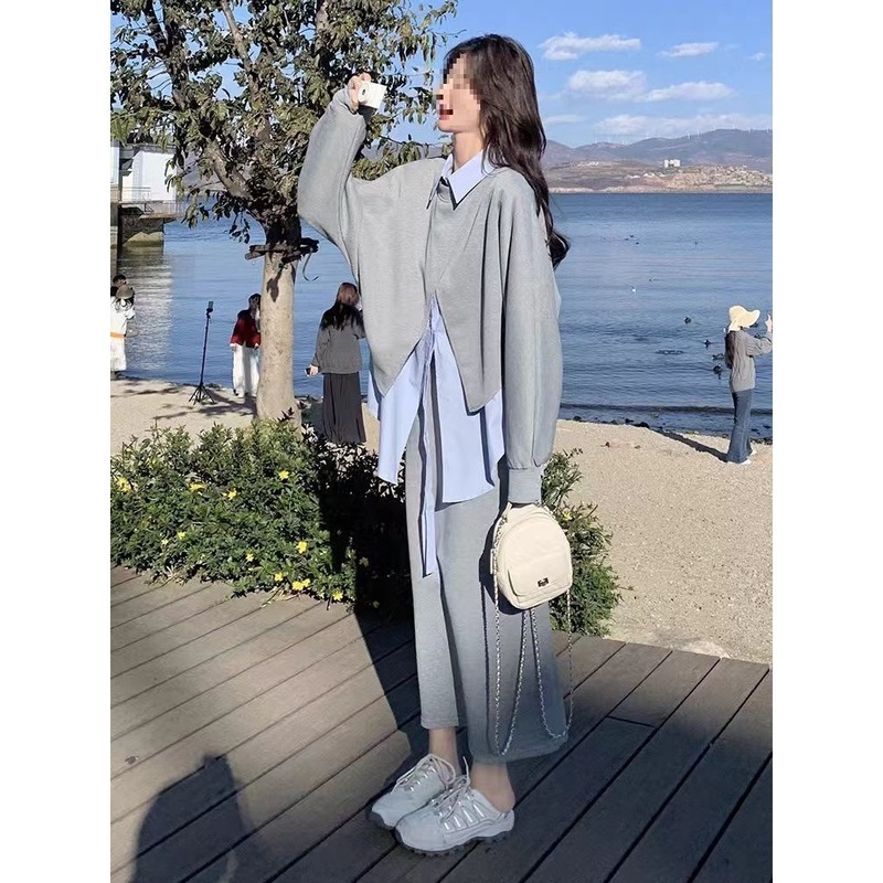 韩系休闲衬衫卫衣三件套女春秋2025新款减龄设计感开春穿搭一整套|undefined