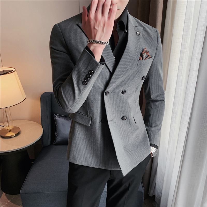 Foreign trade wholesale spring men's Korean suit youth business casual coat pinstripe double-breasted suit iron-free