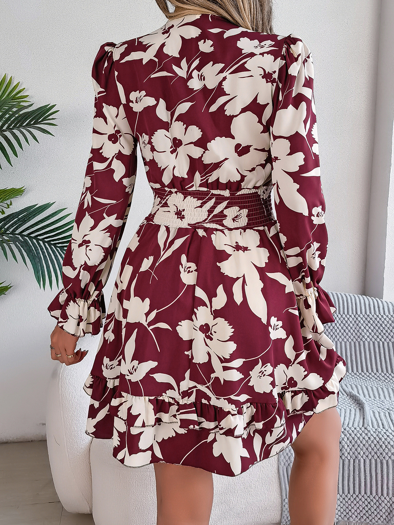 2025 Spring Summer Women's Long Sleeve Flower Printed V-neck Fashion Elegance Dress