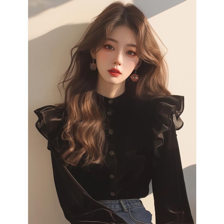 法式赫本风黑色丝绒上衣女2025早秋新款独特超好看衬衫气质优雅