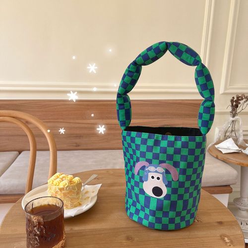 New Japanese and Korean fashionable cute dog cotton-filled shoulder strap cylinder bag simple plaid versatile mommy bag lunch box bag for women