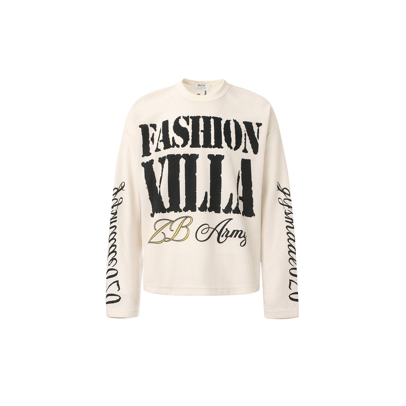 Jw328 American Retro Street Fashion Men's and Women's High-End Letter Print Design Men's Waffle Long-Sleeved T-Shirt Jw328 American Retro Street Fashion Men's and Women's High-End Letter Print Design Men's Waffle Long-Sleeved T-Shirt