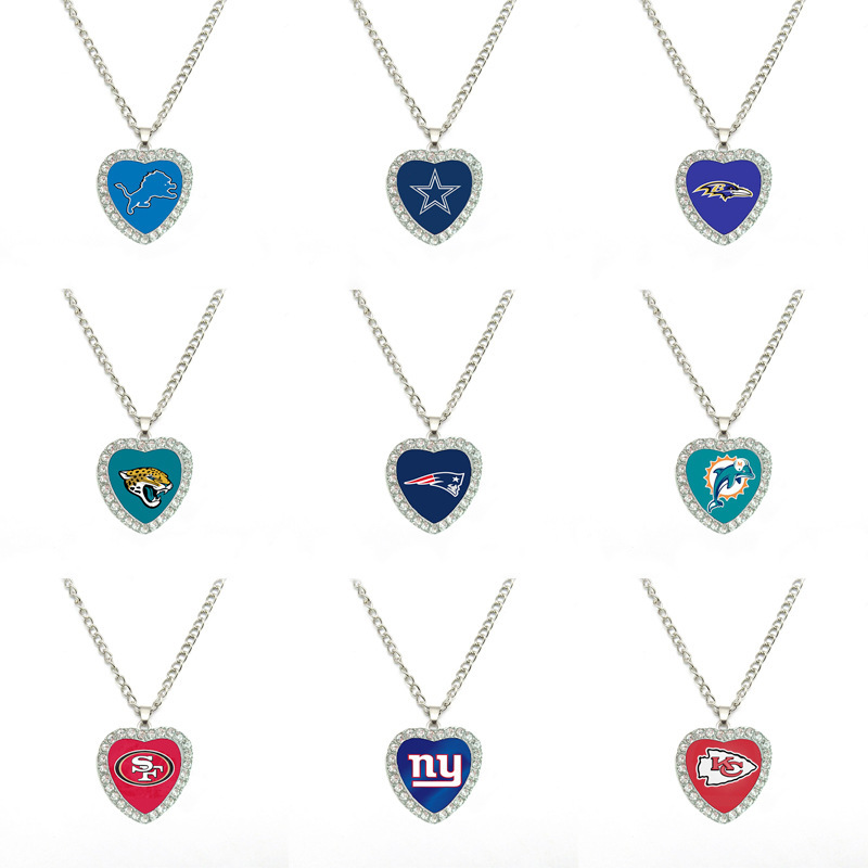 Nfl 32 Football Teams Cross-Border Alloy Diamond-Encrusted Heart-Shaped Necklace Pendant Cowboy Pirate Steelers Logo