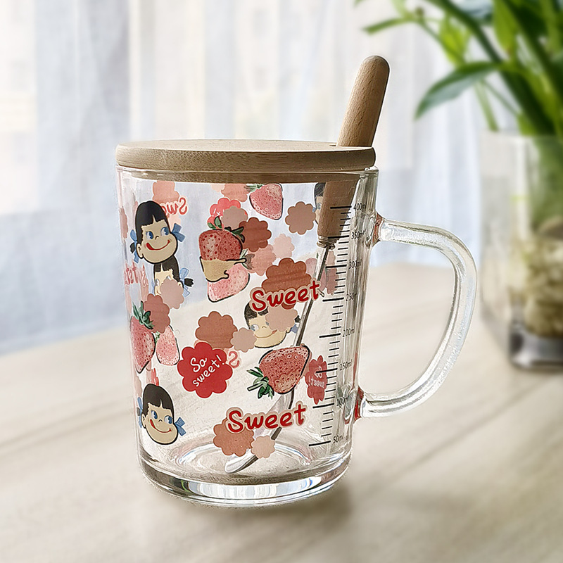 Glass Cup Milk Breakfast Cup Ins Straw Cup Cute Cartoon Printed Children's Graduated Cups Cover Spoon Girl
