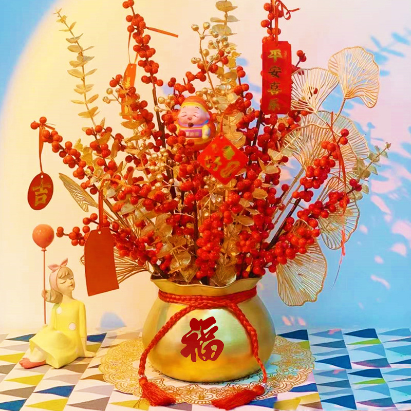 2025 bolsa de dinero de metal, cubo de bendición, cornucopia, maceta de arreglos florales de Nochevieja, material decorativo