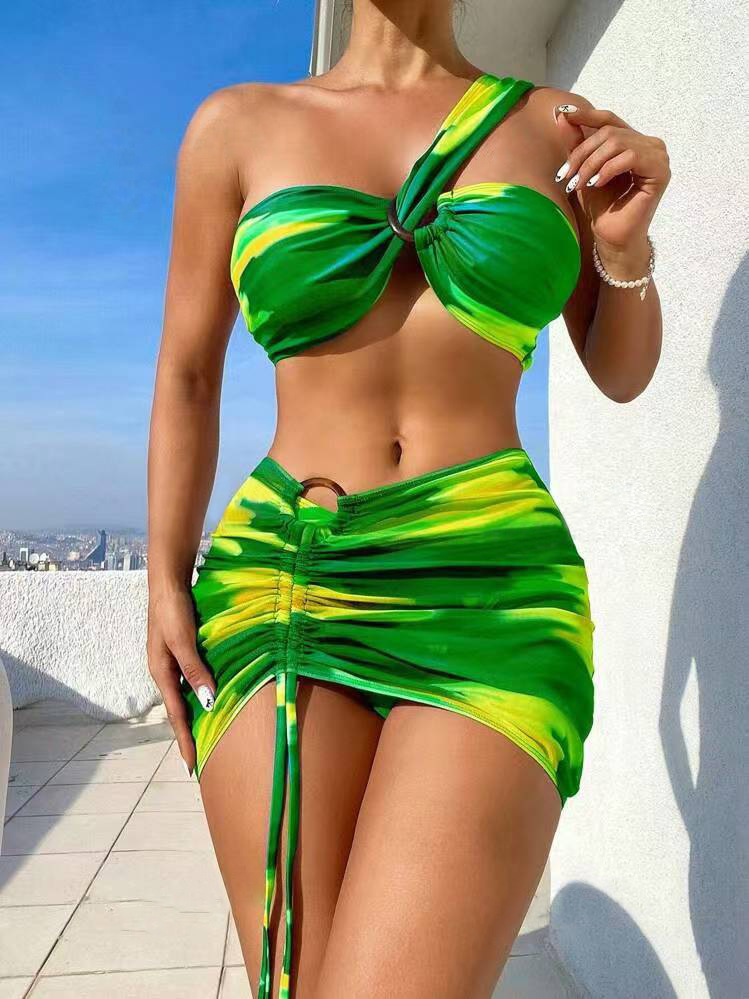 140g Weight Sleeveless Sleeve Length Polyester Fabric Type 3 Pieces Set Quantity Swimming Occasion One Shoulder Neckline Skinny Fit Type Colorful Pattern Women's Gender Sexy Style Women's Sexy Colorful 3 Pieces Set Bikinis Swimwear 7
