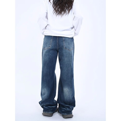 American-style casual straight-leg three-dimensional cut washed denim pants—unisex, loose-fitting, wide-leg, flowing floor-length trendy trousers.