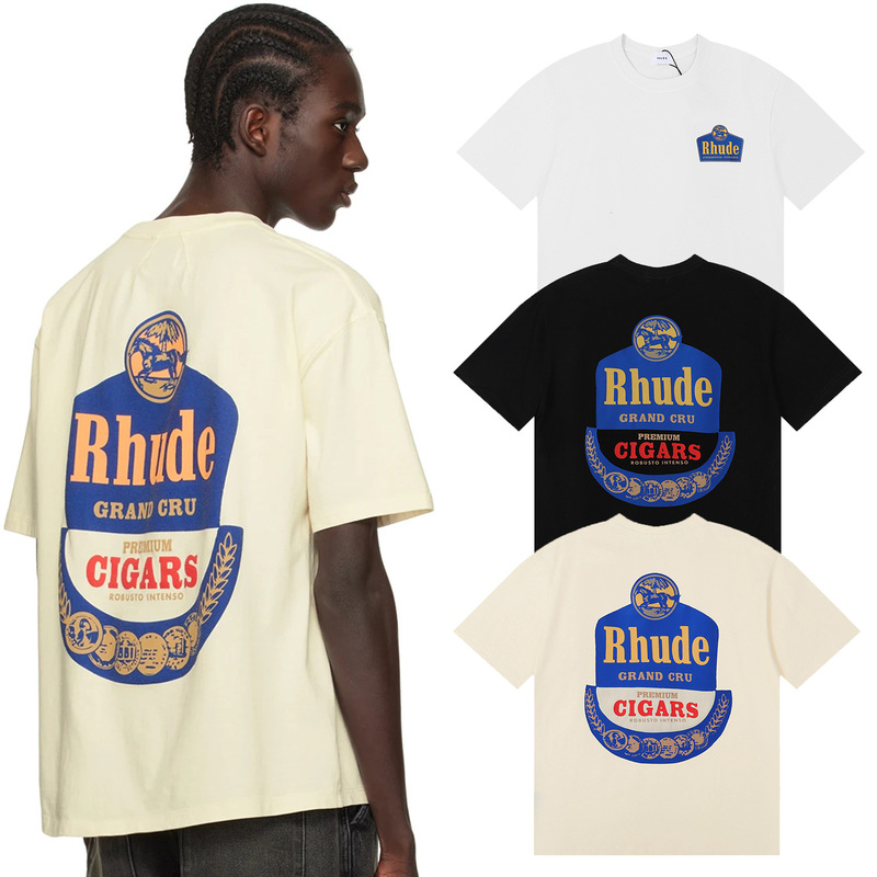 American Style Retro Trendy Brand RHUDE Unisex Loose high quality Double Yarn Cotton Short-sleeved T-shirt