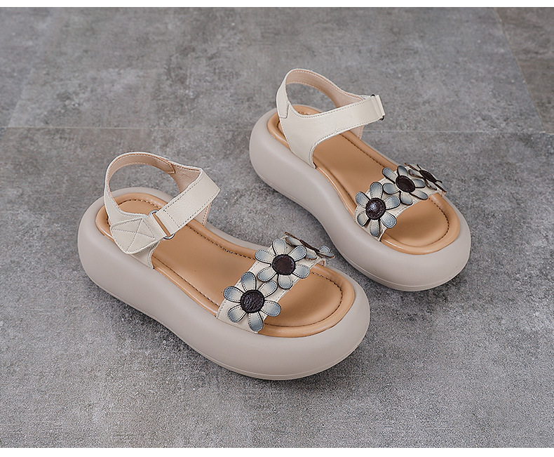 Dép sandal nữ quai chữ V da bò đế dày thoáng khí — Màu trắng be chi tiết 13