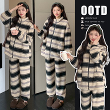 孕妇装冬装套装潮妈新款条纹加厚珊瑚绒保暖家居服睡衣冬外穿宽松