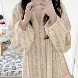 韩国ins女士春秋新品韩版花朵珍珠扣花边长袖家居服睡衣连衣裙女