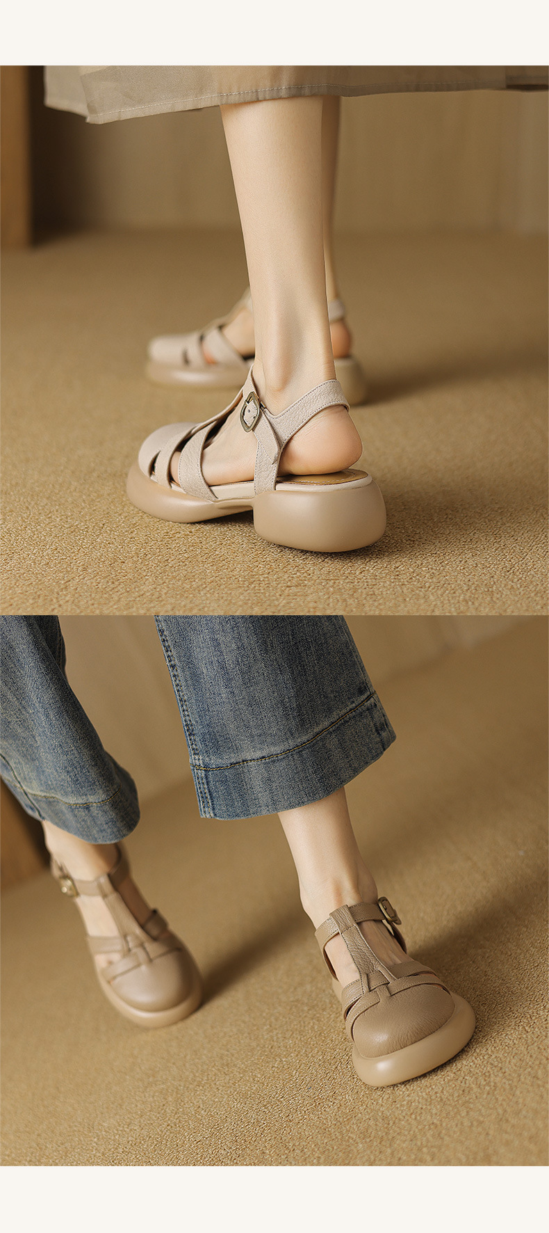 Sandal nữ da cừu mũi kín đế dày gót vuông khóa chữ T phong cách La Mã — Màu trắng be chi tiết 9
