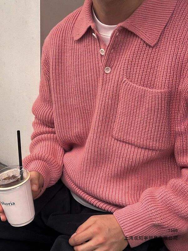 Pink polo collar sweater for men, loose-fitting and versatile knit top, long-sleeved outerwear for autumn and winter
