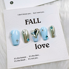 蓝海鎏银对色爆闪爱心大钻美甲星星高档可拆卸穿戴甲k9锆石