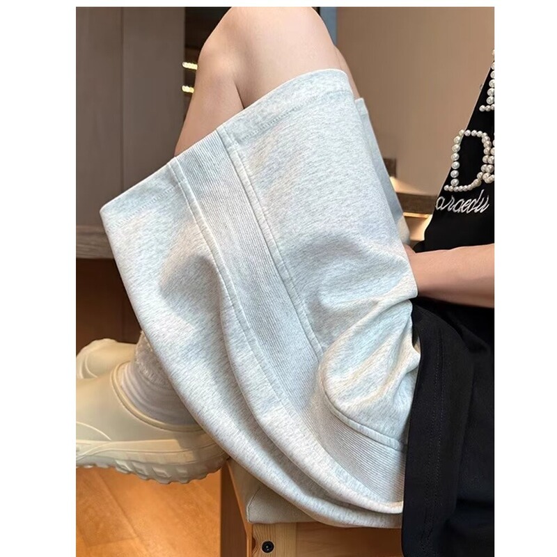 Floral Gray Space Cotton Sports Shorts for Men and Women, Summer Ribbed Patchwork Knee-Length Shorts, American Style Cool Casual Mid-Length Shorts