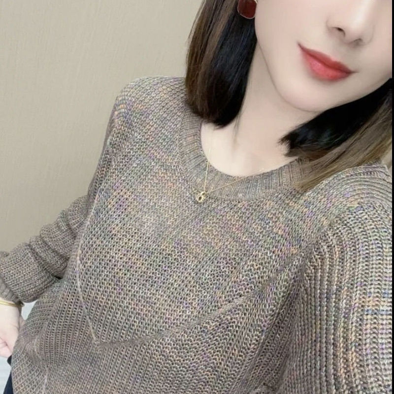 春秋幻彩圆领套头衫女长袖气质百搭宽松显瘦新款针织上衣|undefined