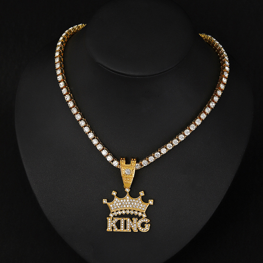 TEMU venta caliente corona KING colgante de aleación de diamante completo nicho personalidad masculina collar de hip-hop joyas de moda europea y americana