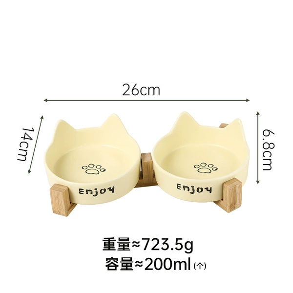 [猫耳黄色猫爪双碗+双木架]