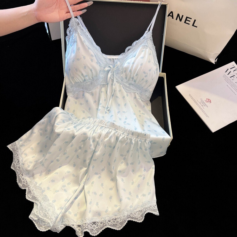 Pure Lust Style Padded Suspender Shorts Suit Pajamas Ice Silk Satin Lace Home Clothes Lace