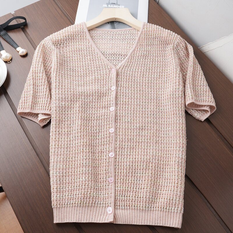2025 Summer New Herbalife Cotton and Linen V-neck Knitted Cardigan Short-sleeved Hollow Color-matching Chanel Style Top for Women