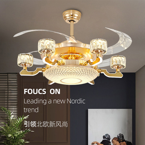 New invisible fan lamp living room headlight bedroom dining room ceiling fan lamp Nordic smart frequency conversion crystal lamp electric fan