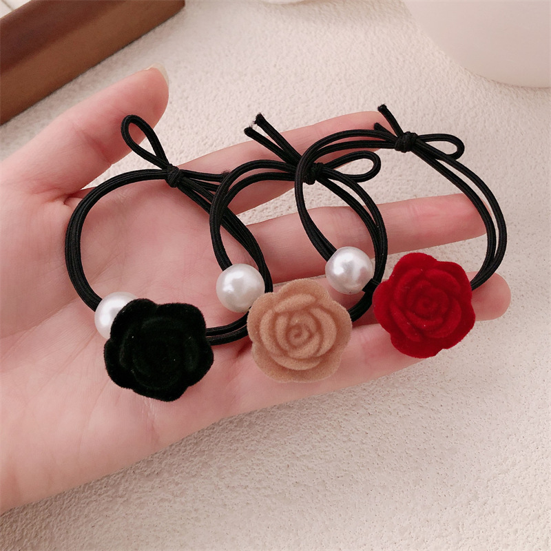 Temperamento francés retro perla flor rosa cuerda para el cabello lazo para el cabello de alta elasticidad cuerda para el cabello de cola de caballo banda de goma accesorios para el cabello femenino