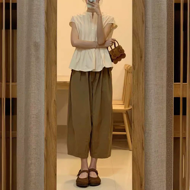 IT2 Японская хлопковая и льняная рубашка с короткими рукавами женская летняя нишовая французская рубашка без рукавов прямая брюки-шары с девятью баллонами