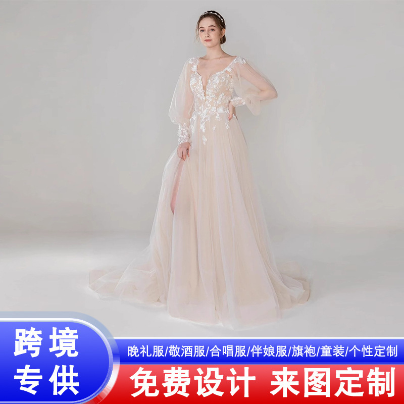 Foreign trade new long sleeve V-neck evening dress Amazon split ball dress mesh long adult dress wholesale Foreign trade new long sleeve V-neck evening dress Amazon split ball dress mesh long adult dress wholesale