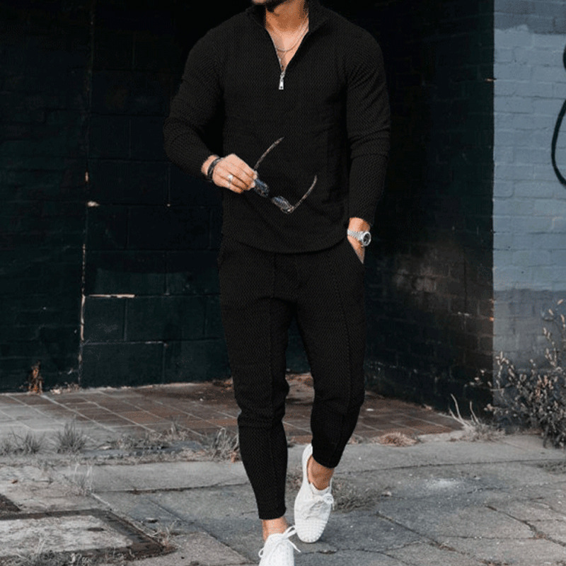 El comercio exterior de los hombres de otoño textura traje de manga larga polo desgaste pantalones deportivos moda casual media cremallera soporte collar traje