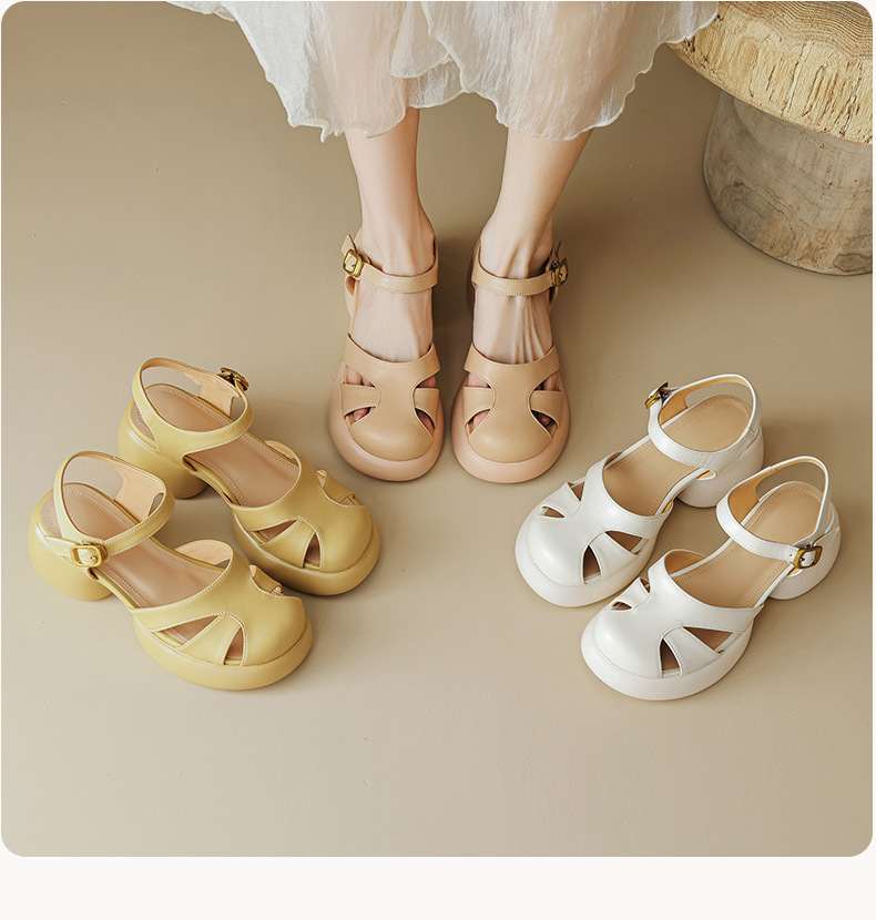 Sandal gót thô da cừu bít mũi phong cách La Mã đế dày quai ngang hở gót — Màu vàng ngỗng chi tiết 2