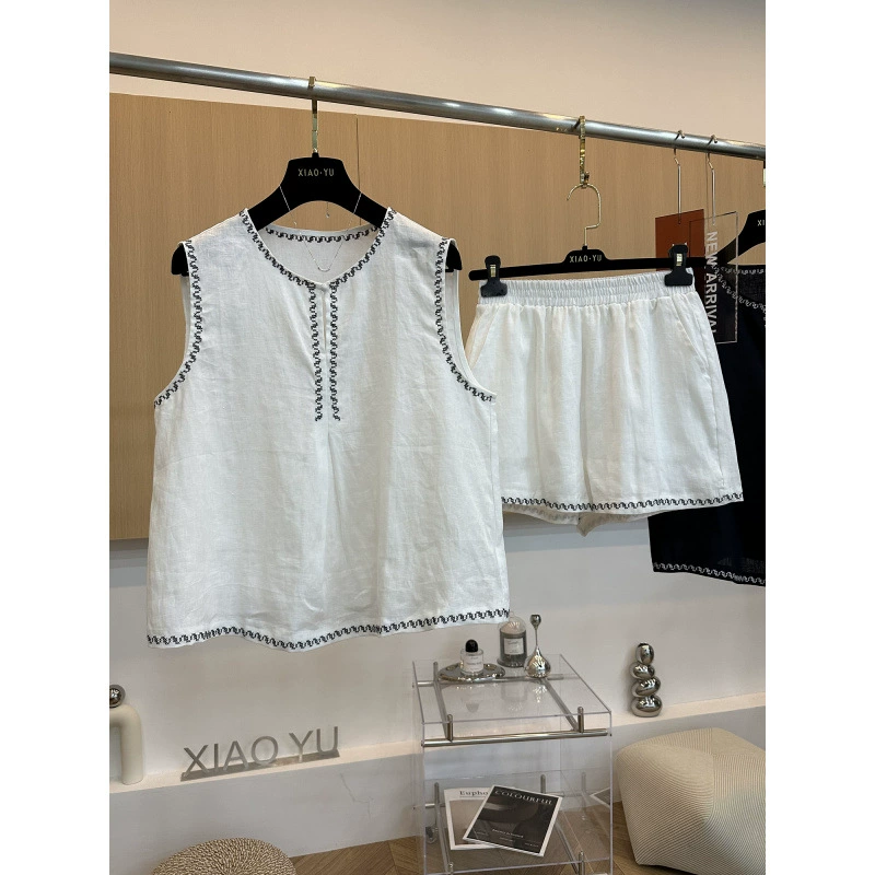 Высококачественный европейский летний новый стиль, высококачественный ретро-модный жилет без рукавов из чистого льна с вышивкой, рубашка, шорты, костюм для женщин