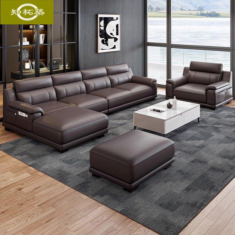 New Modern Minimalist Top-Grain Leather Sofa, Italian-Style Light Luxury Straight-Row Reclining Sofa for Home Use in the Living Room