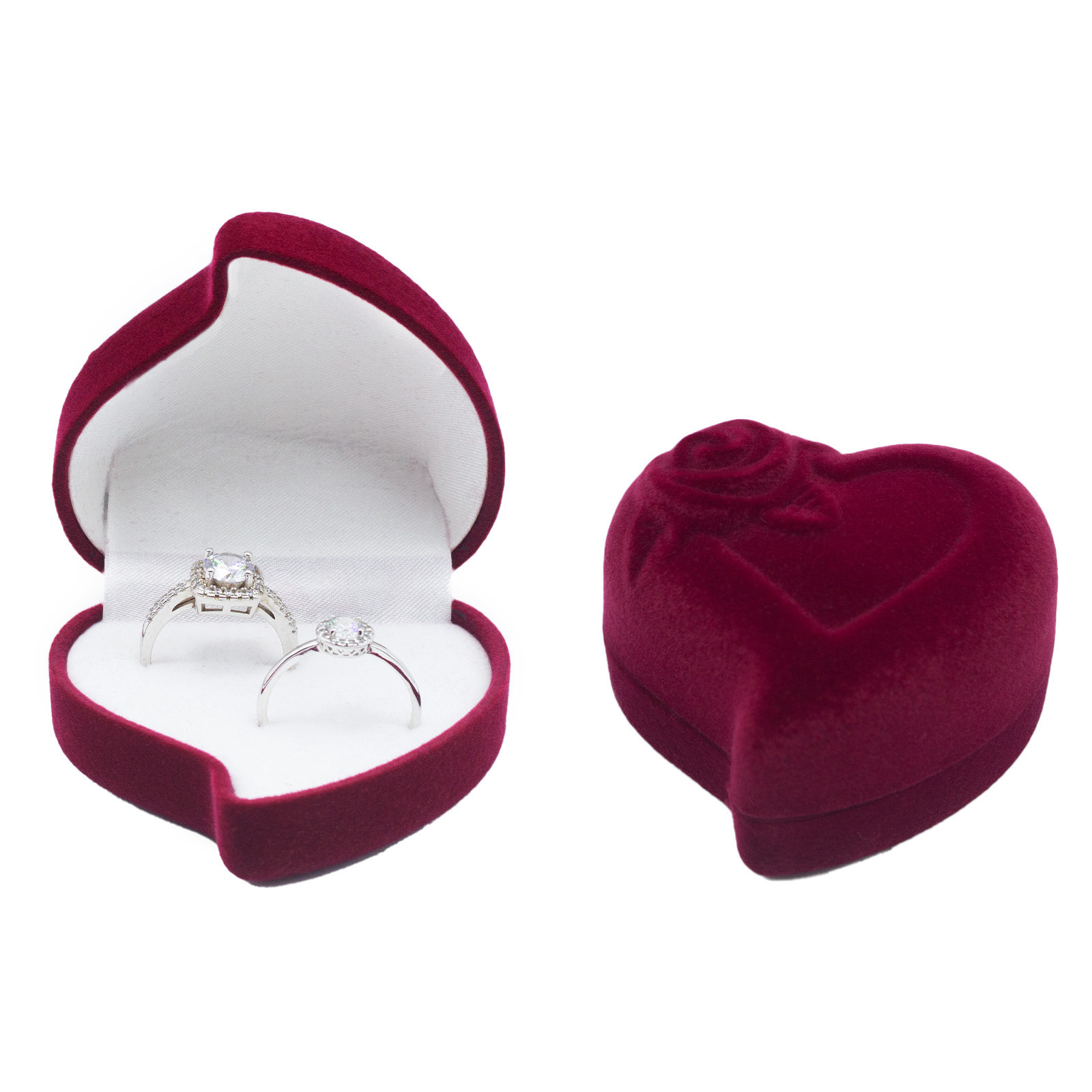 Caja para anillos de melocotón en forma de flor en forma de corazón con exterior rojo y interior blanco; 60*60*40mm