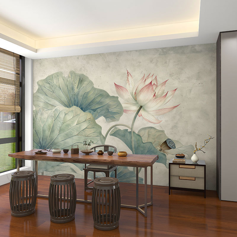 壁画3d立体中式意境荷花电视背景墙壁纸客厅壁布装饰墙布墙纸|undefined