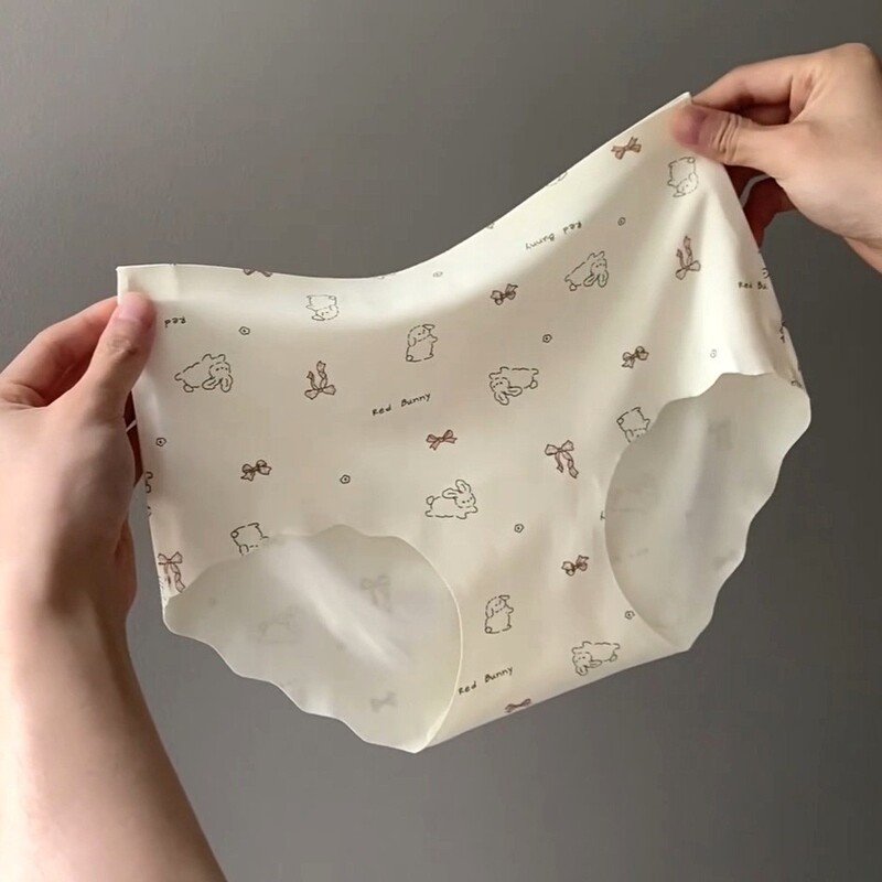 Cartoon Bunny Sweet Print Underwear for Women, Simple One-Piece Mid-Waist Breathable Ice Silk Seamless Underwear for Girls
