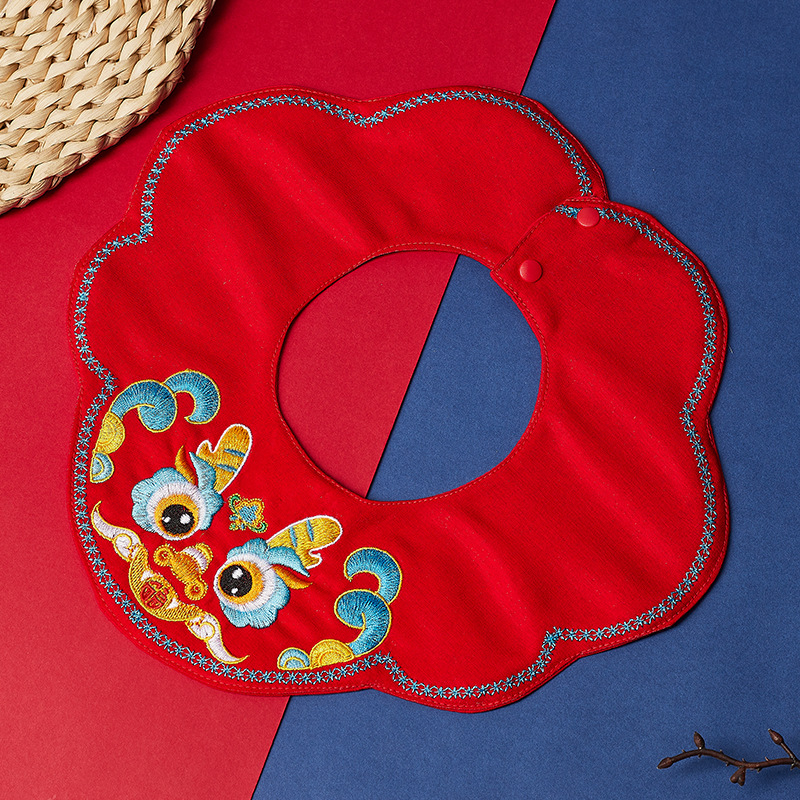 Baby's First Birthday Outfit with Dragon-Patterned Bib, Newborn Baby Saliva Towel, Children's Tang Suit, Brocade Satin Cloud Shoulder, Festive