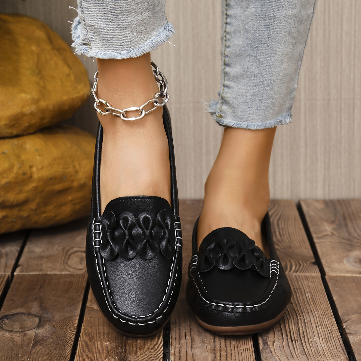Mocasines Planos para Mujer de Cuero Artificial, Tacón Bajo, Cierre Autoadhesivo, para Banquetes