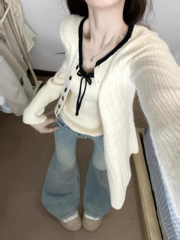 韩系针织开衫配吊带女早秋季新款软糯毛衣外套外搭上衣氛围感穿搭|undefined