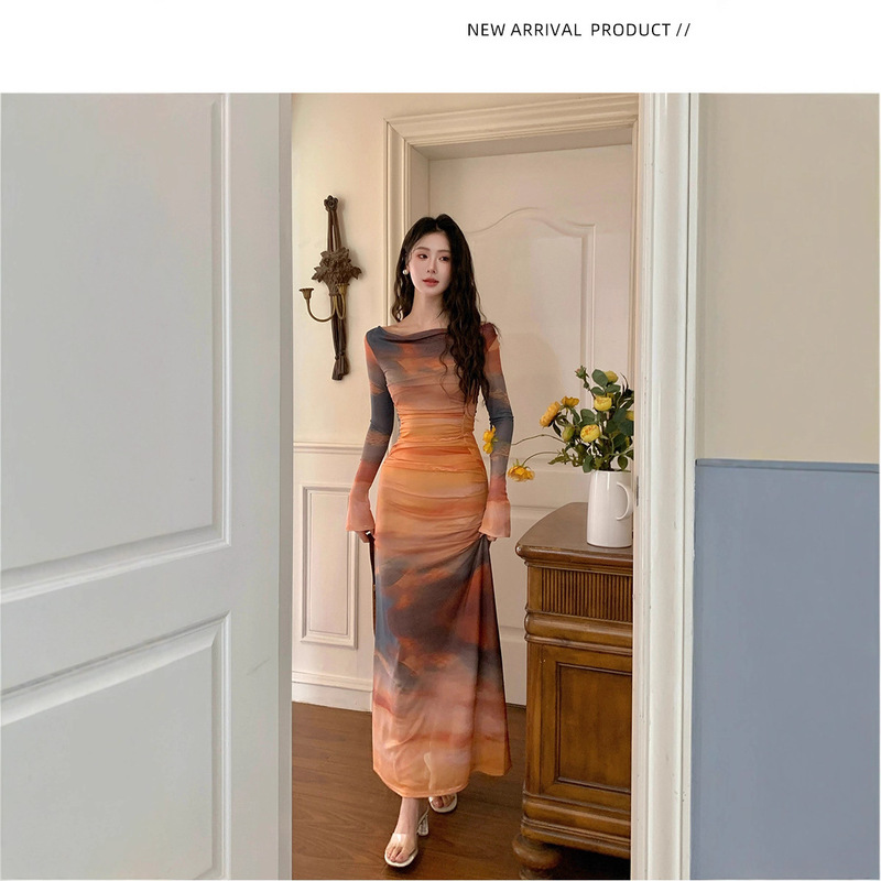 French Style Spice Girl Sunset Tie-Dye Printed Swing Collar Mesh dress Women's Elegant Slim-fit Waist Slimming Vacation Dress
