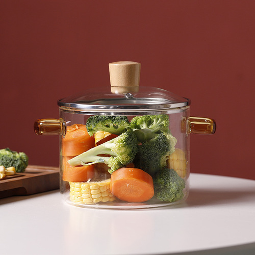 Glass pot high borosilicate wood handle double-ear pot soup stew pot household transparent heat-resistant soup pot