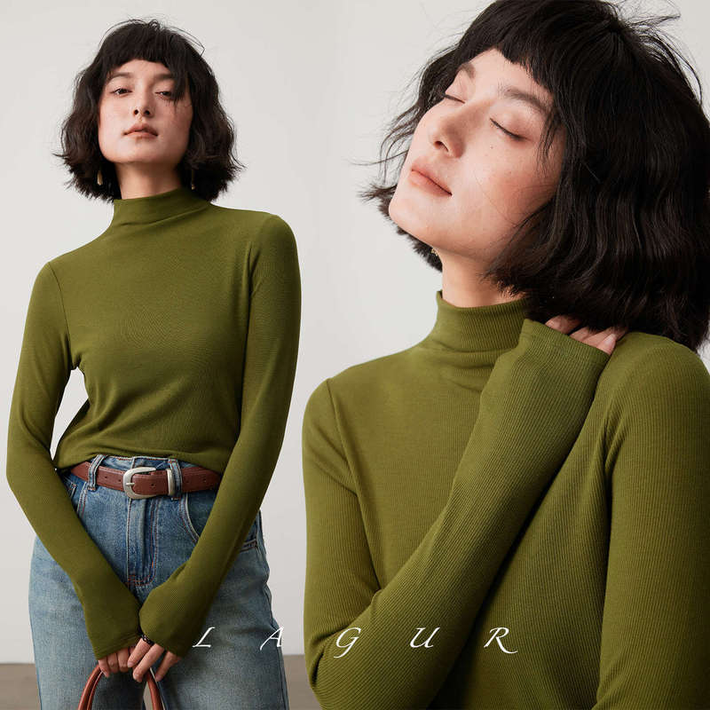 Lagur+8.8 ℃ (No Pilling, Antibacterial and No Static Electricity) Self-Heating Fleece-Lined Mulberry Silk Turtleneck Bottoming Shirt for Women