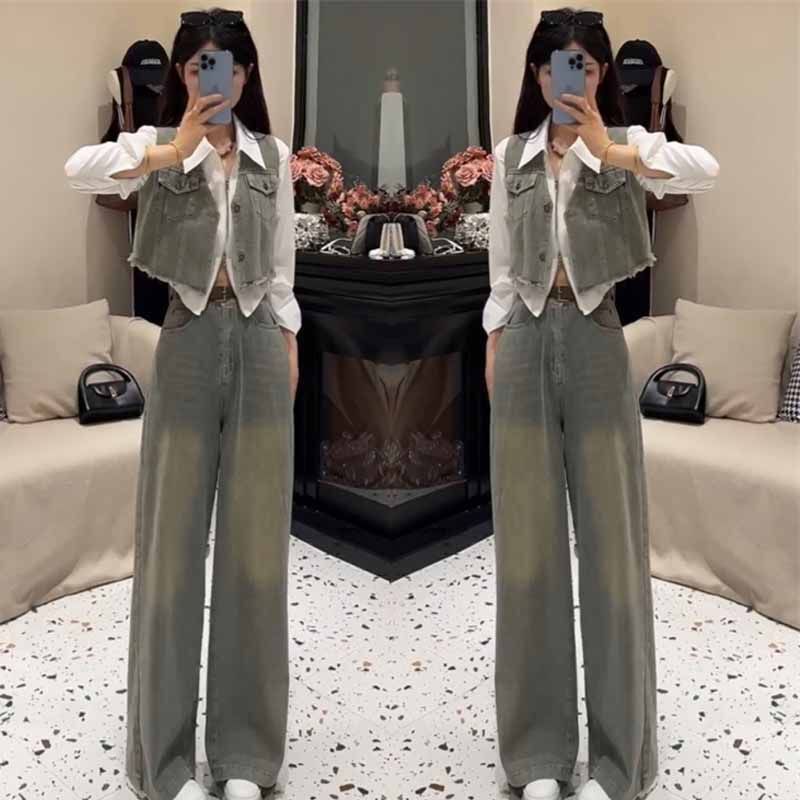 Spring Outfit: a Complete Set of 2026 New Korean-Style Casual Versatile Denim Short Vest and Wide-Leg Pants Two-Piece Set